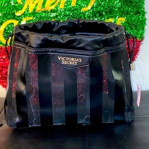 Victoria Secret Black Mesh & Faux Leather Drawstring Costmetic Bag NWT